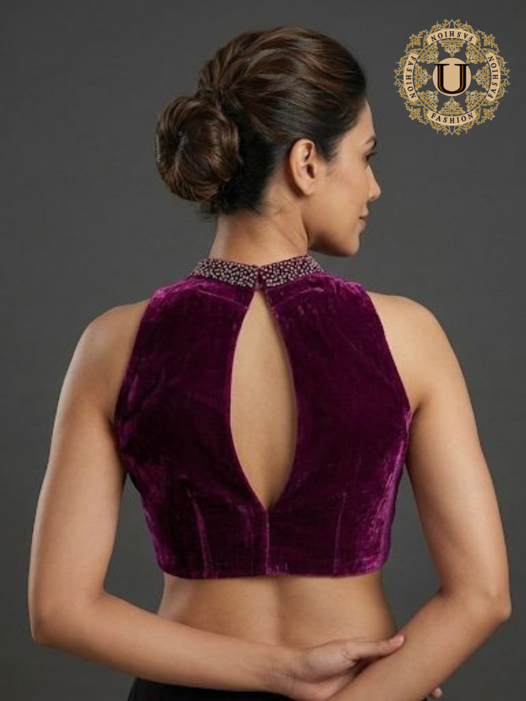 Velvet Halter Neck Blouse | Zardozi Stone Embroidered Collar & Keyhole Back