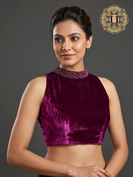 Velvet Halter Neck Blouse | Zardozi Stone Embroidered Collar & Keyhole Back