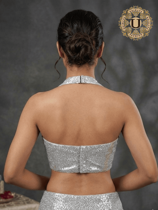 Silver Shimmer Halter Neck Blouse U fashion