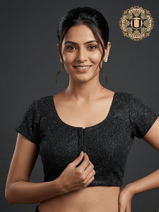 Black Shimmer Round Neck Blouse U fashion