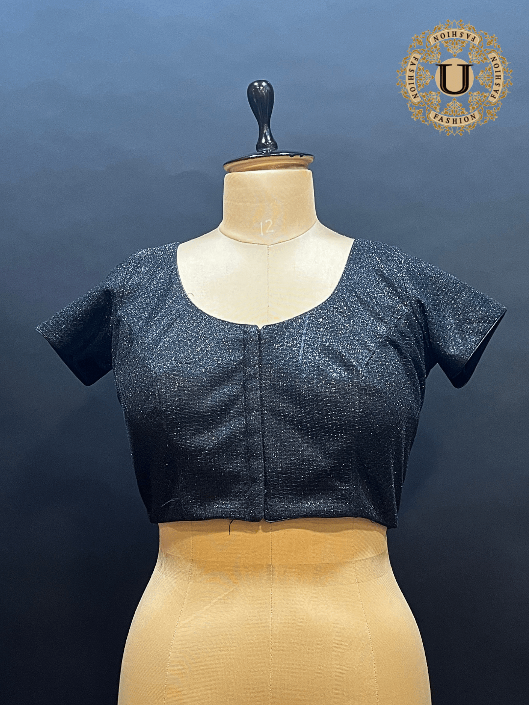 Black Shimmer Round Neck Blouse U fashion