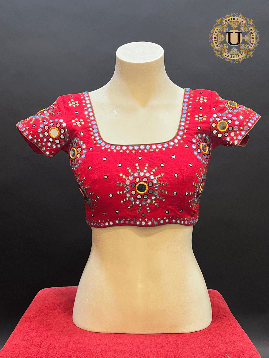 Red Hand Embroidered Mirror work Blouse U fashion