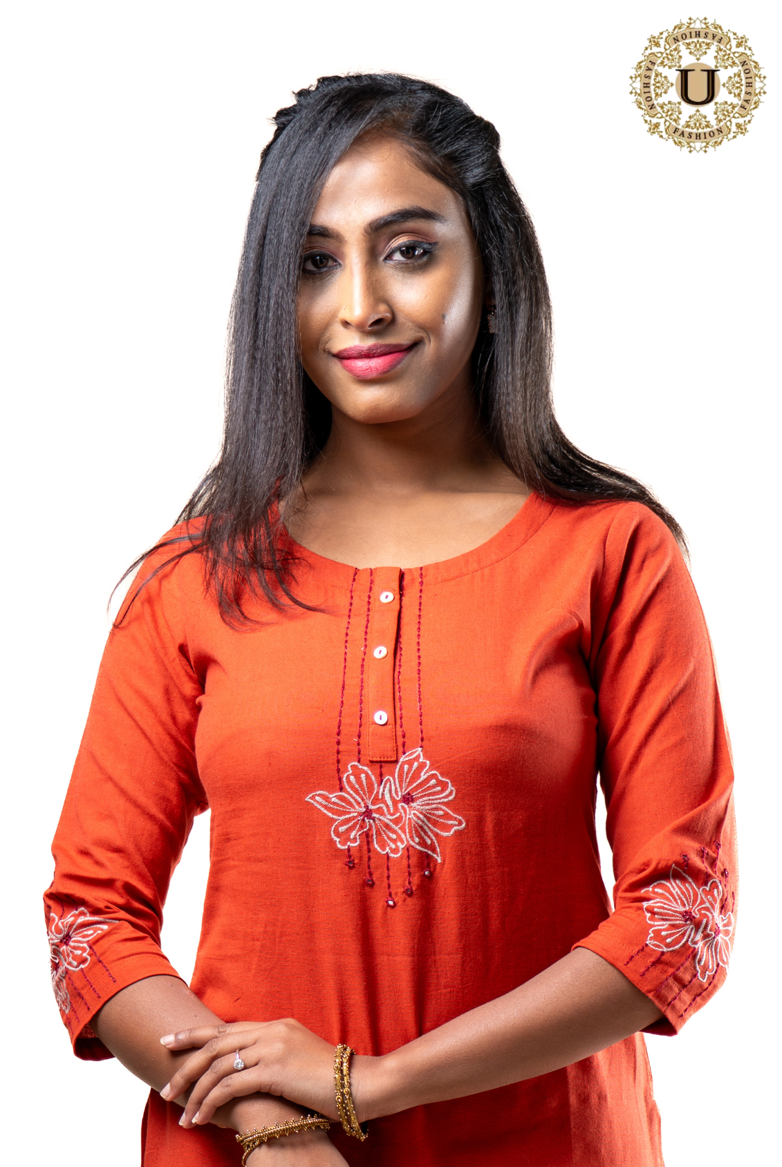 Orange Floral Motif Embroidery Long Kurti