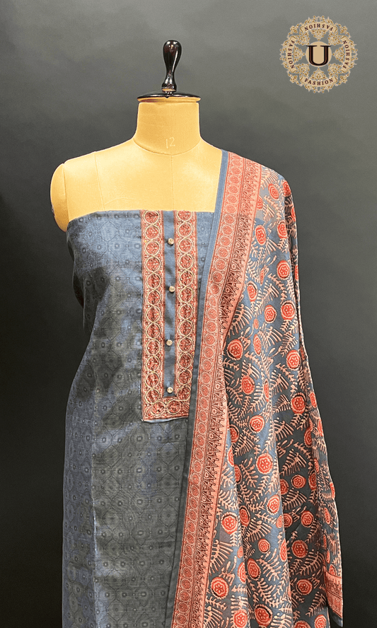Grey Embroidered Chanderi Un Stitched Suit U fashion
