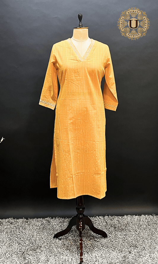 Yellow Cotton V Neck Long Kurti S U fashion