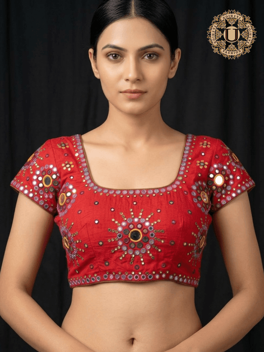 Red Hand Embroidered Mirror work Blouse U fashion