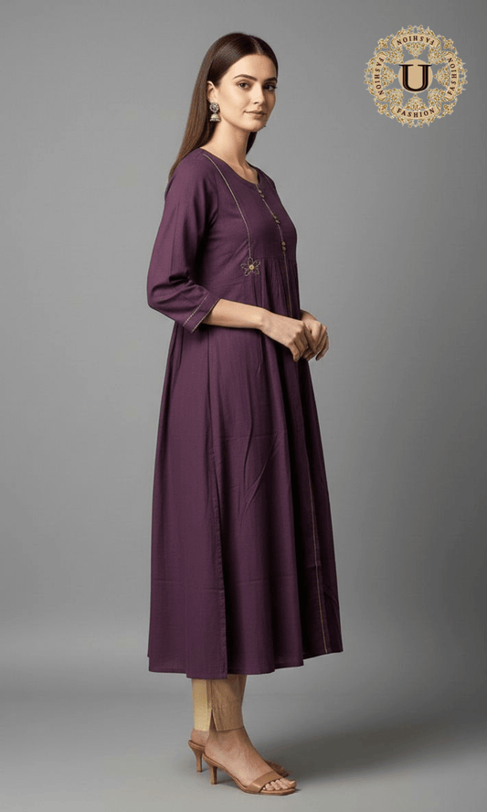 Purple Cotton Gathered Long Kurti S U fashion