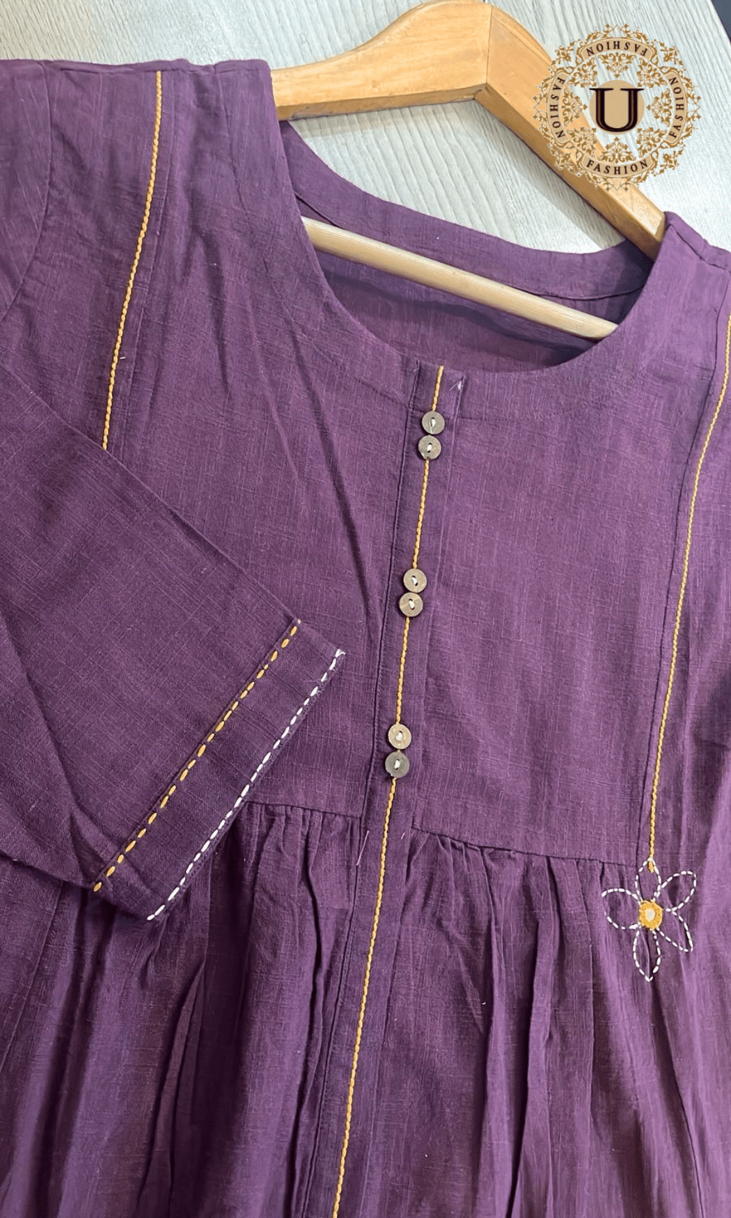 Purple Cotton Gathered Long Kurti S U fashion