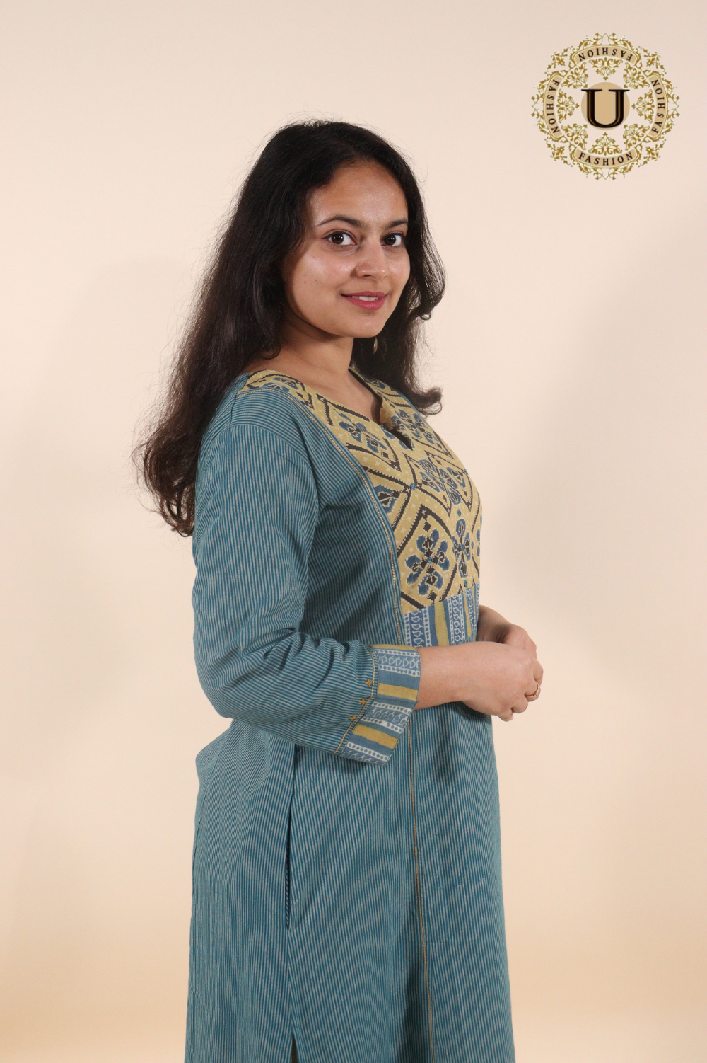 Blue cotton with yellow embellished yokelong kurti