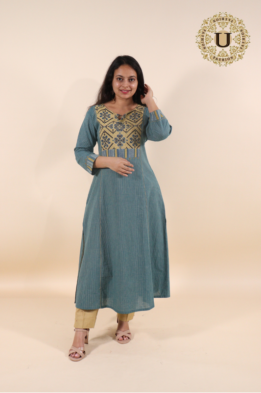 Blue cotton with yellow embellished yokelong kurti