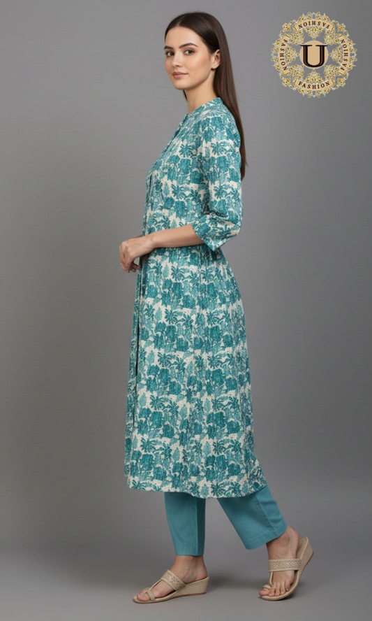 Aqua Blue Cotton Printed A-Line Kurti