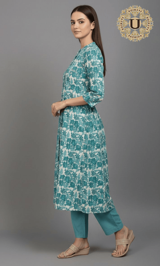 Aqua Blue Cotton Printed A-Line Kurti S U fashion