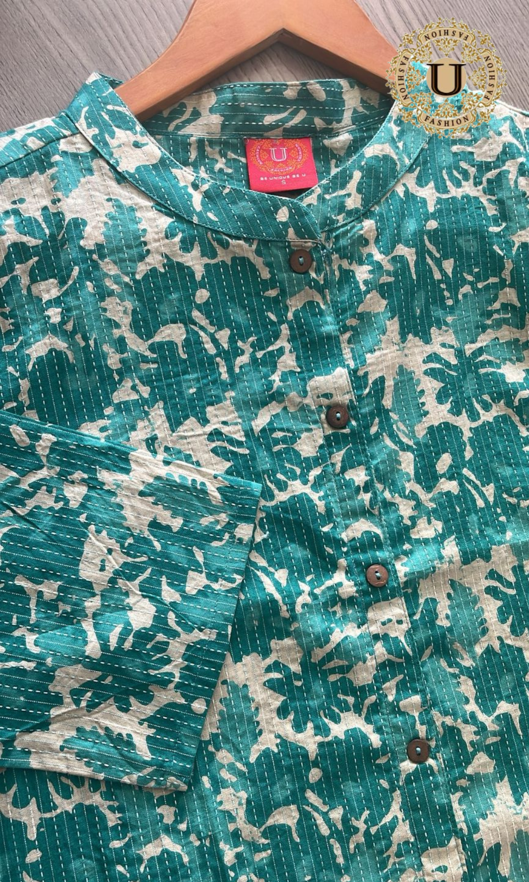Aqua Blue Cotton Printed A-Line Kurti
