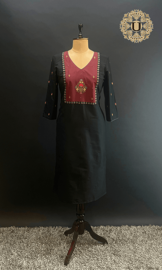 Black Spun Hand Embroidery Motif Long Kurti. U fashion