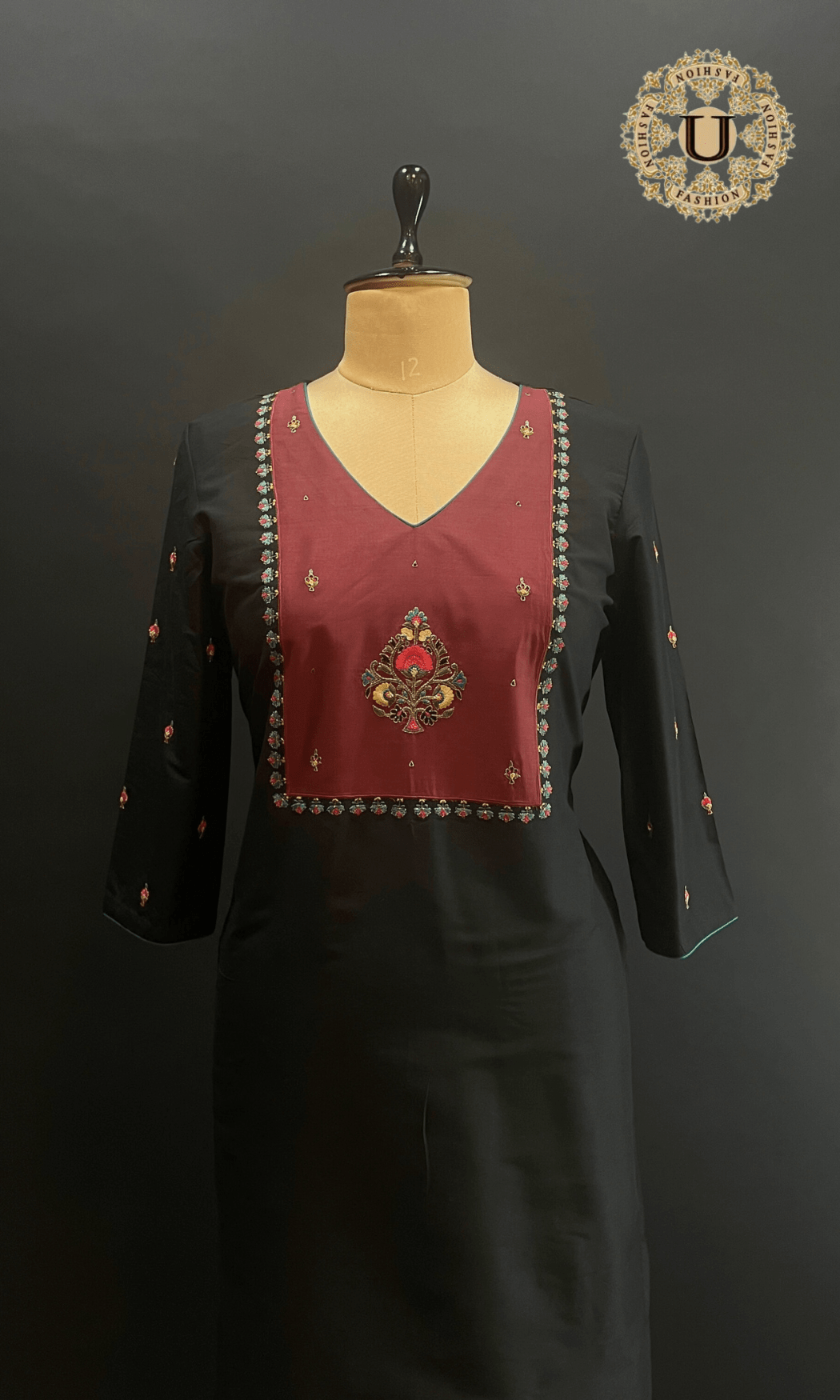 Black Spun Hand Embroidery Motif Long Kurti. U fashion