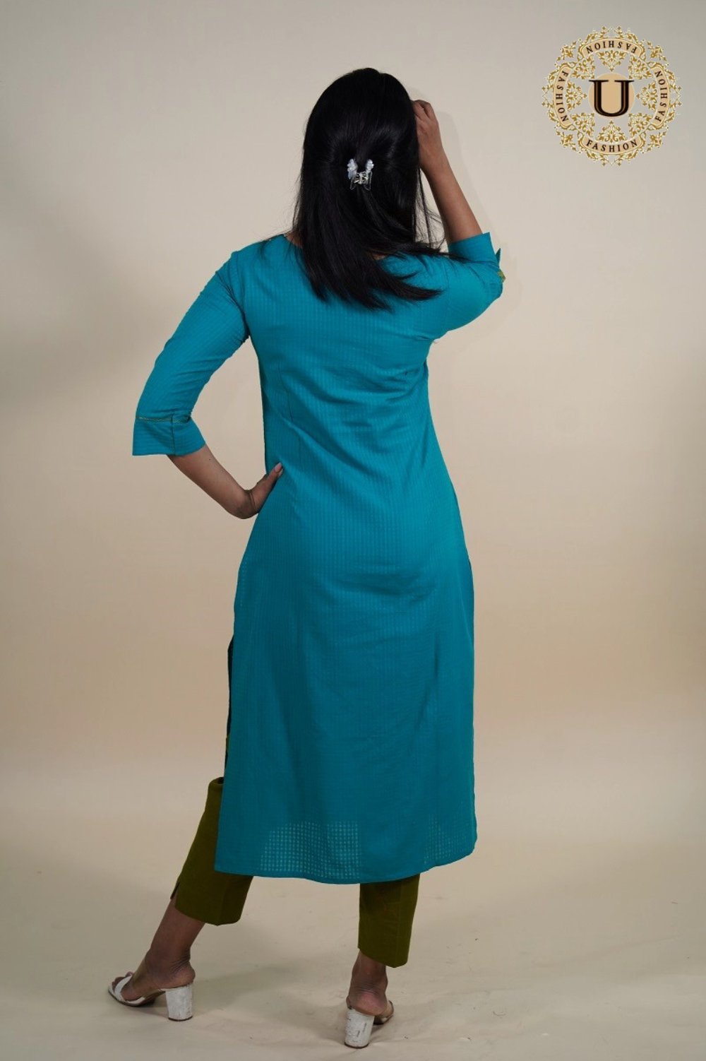 Peacock Blue Applique Work Cotton Kurti