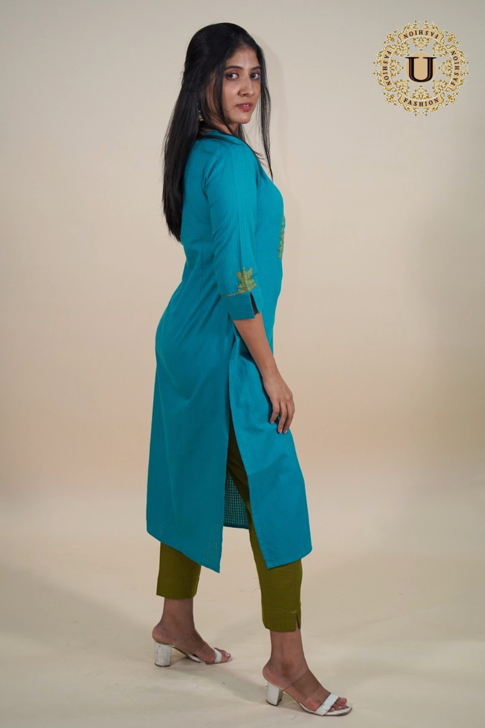 Peacock Blue Applique Work Cotton Kurti