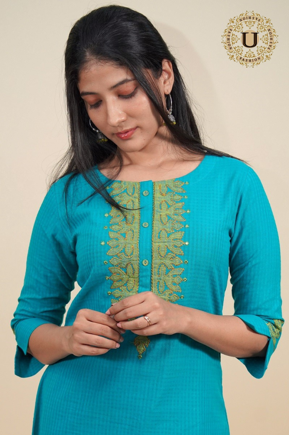 Peacock Blue Applique Work Cotton Kurti