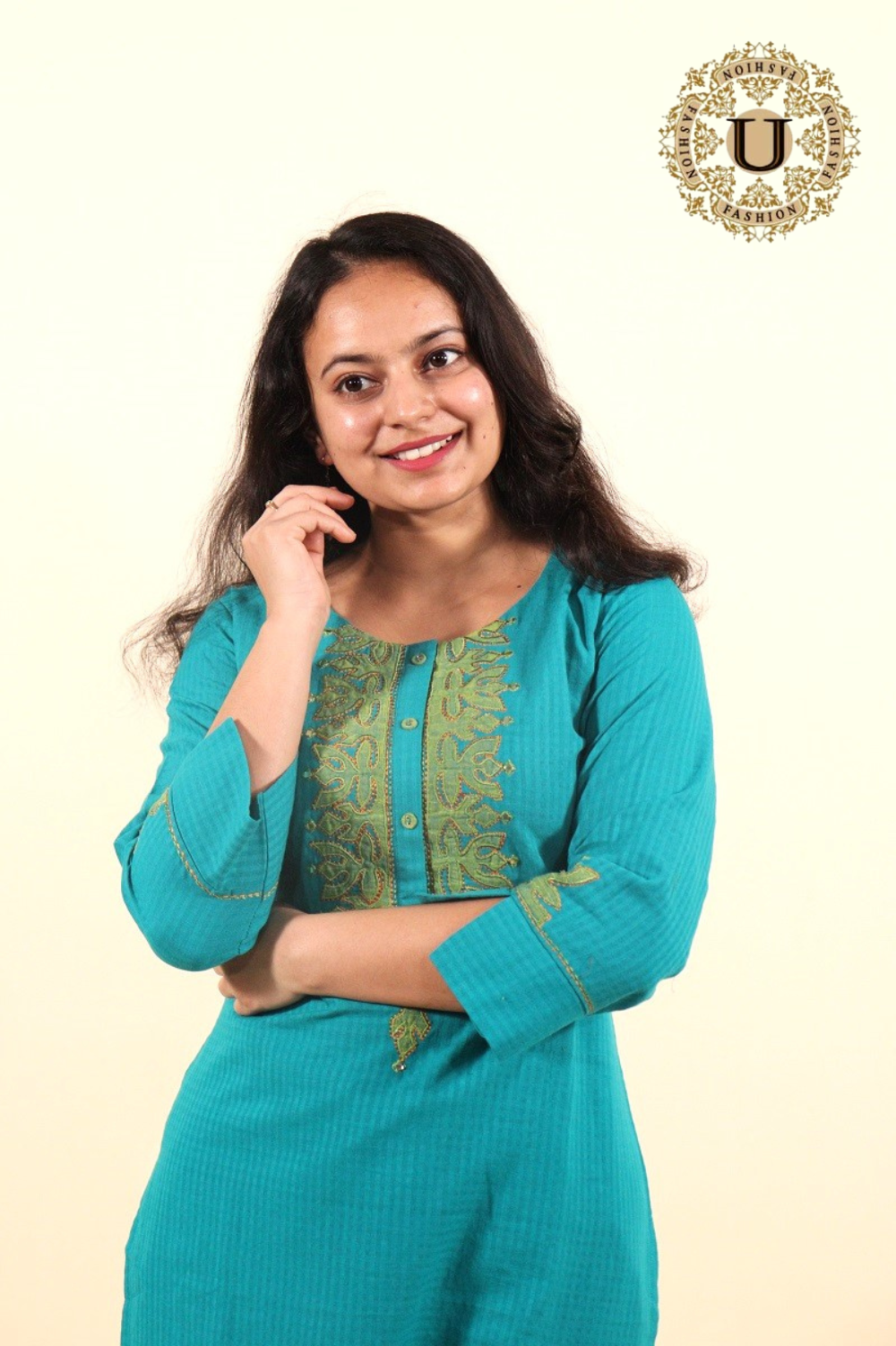Peacock Blue Applique Work Cotton Kurti