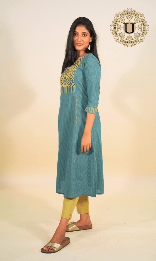 Light Blue Cotton Printed Yoke Long Kurti M U fashion