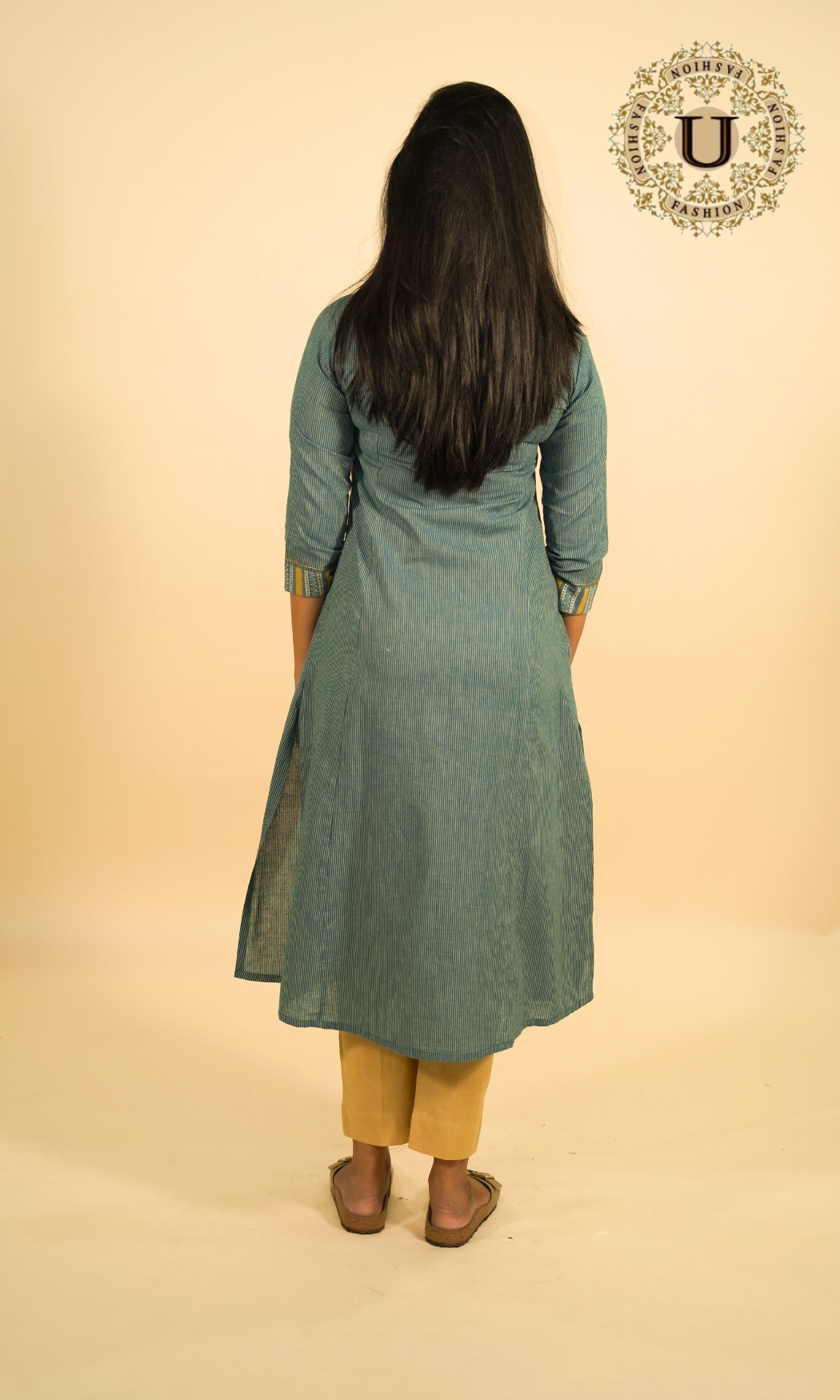 Light Blue Cotton Printed Yoke Long Kurti