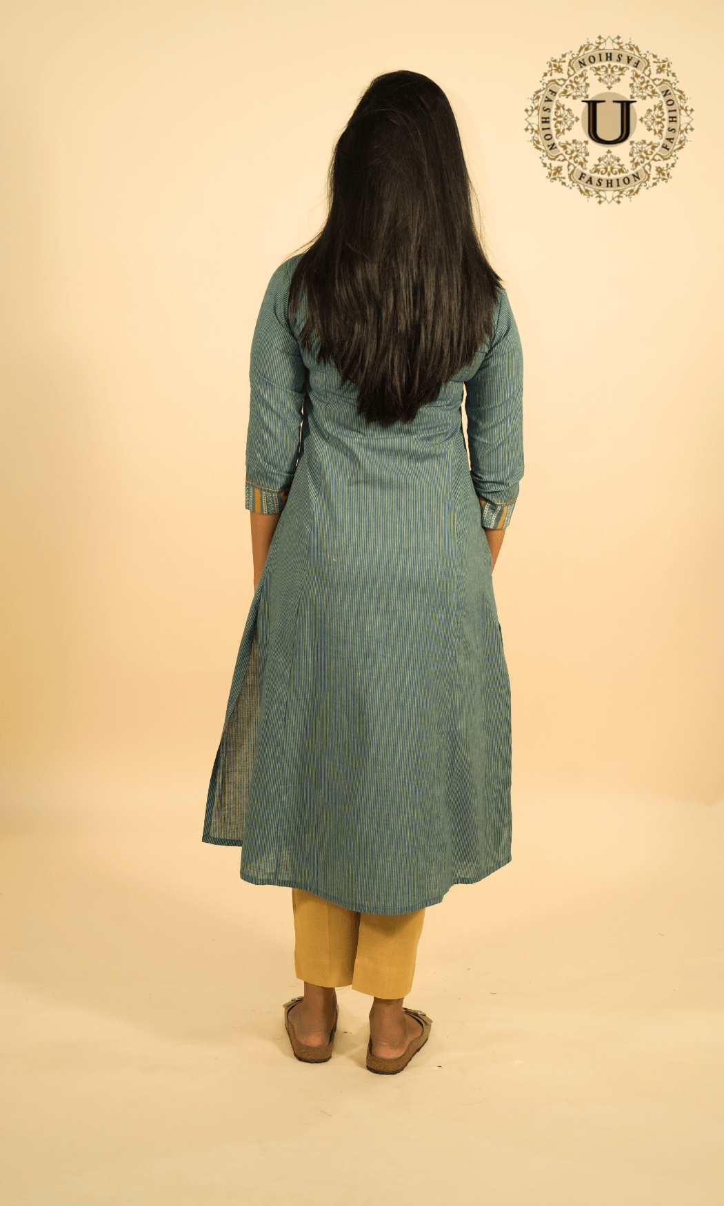 Light Blue Cotton Printed Yoke Long Kurti M U fashion
