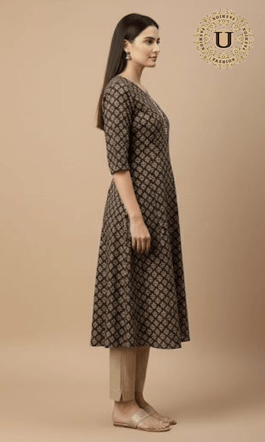 Brown Cotton Printed A-Line Long Kurti S U fashion