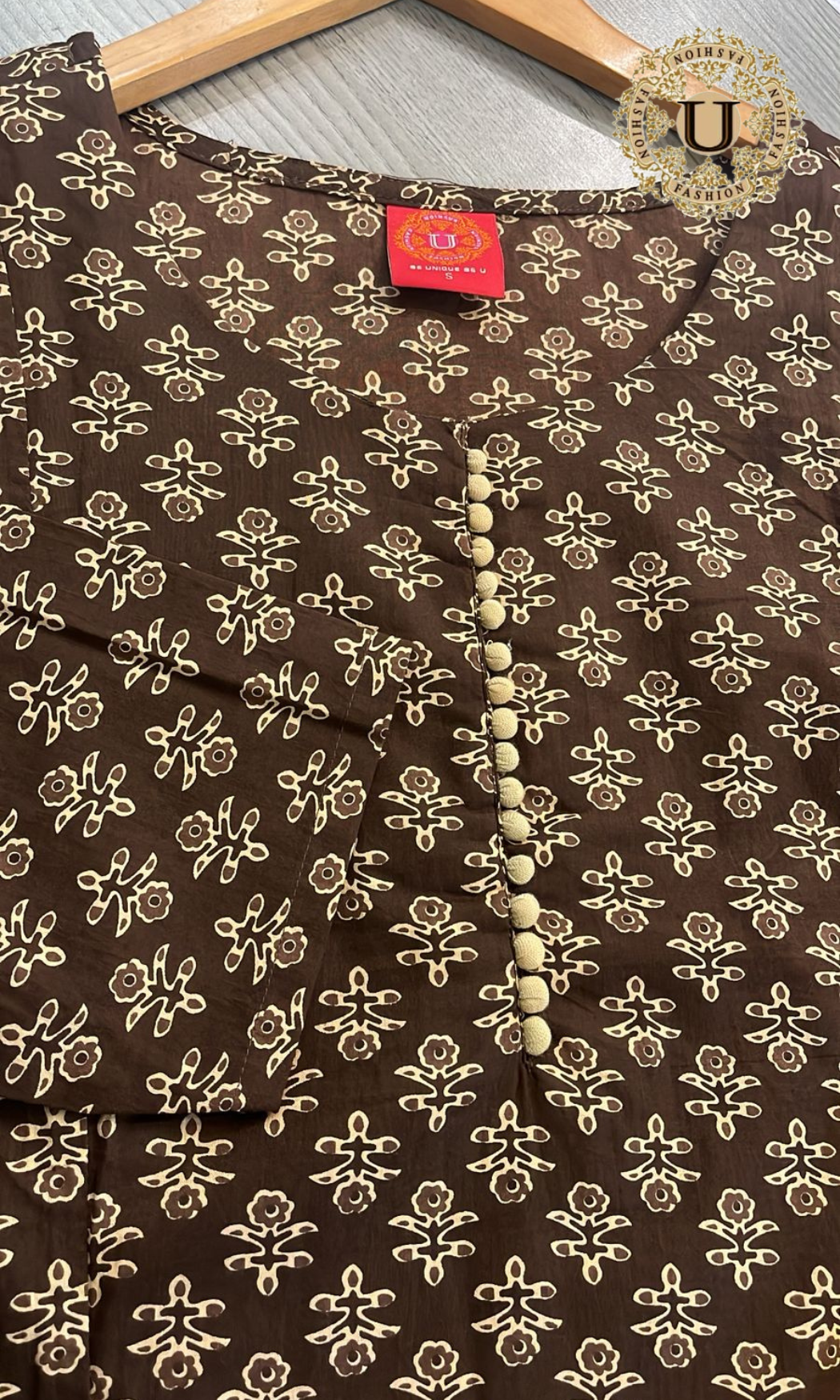 Brown Cotton Printed A-Line Long Kurti