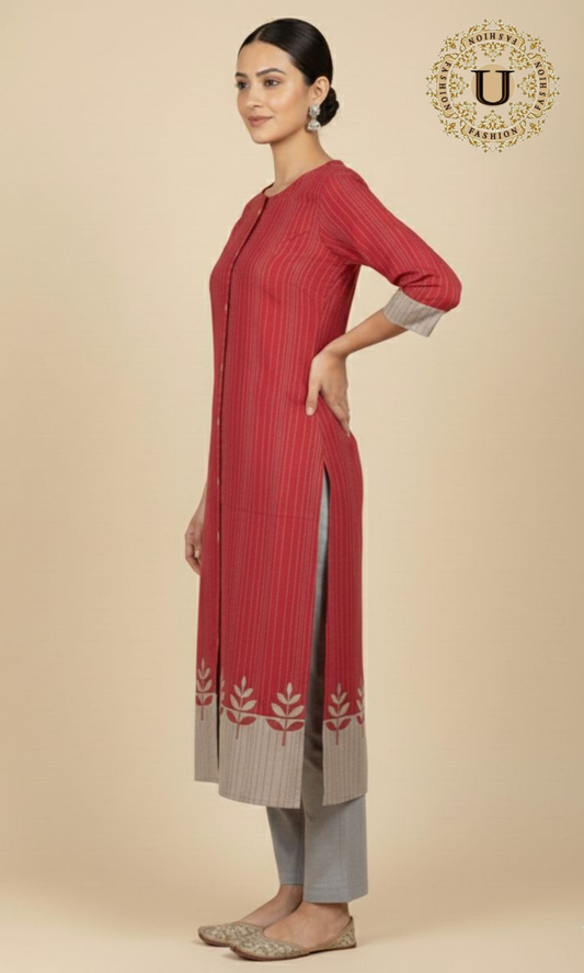 Pink Cotton Straight-Cut Long Kurti