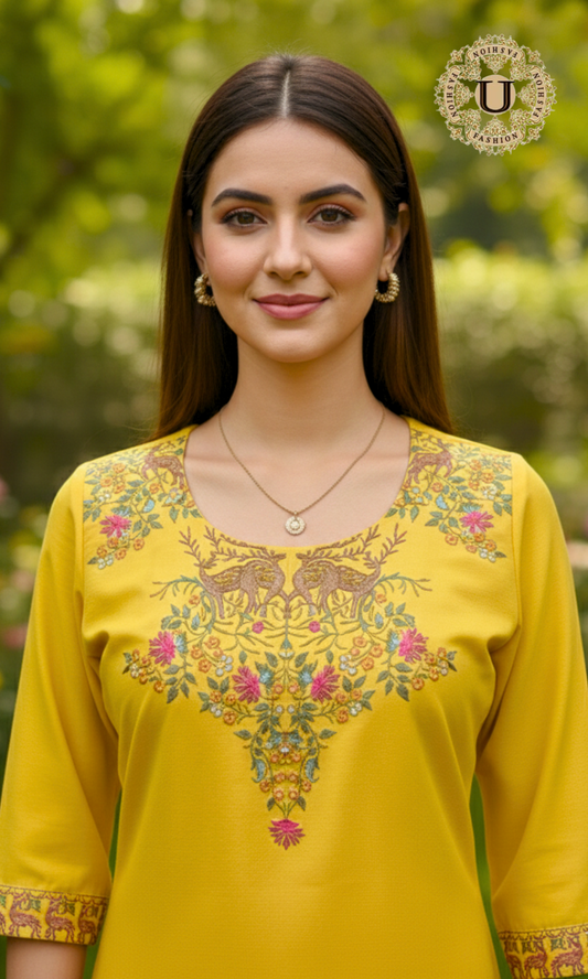 Lemon Yellow Embroidered Long Kurti