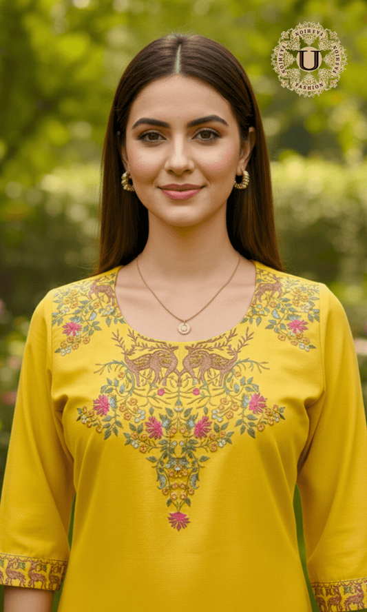 Lemon Yellow Embroidered Long Kurti U fashion
