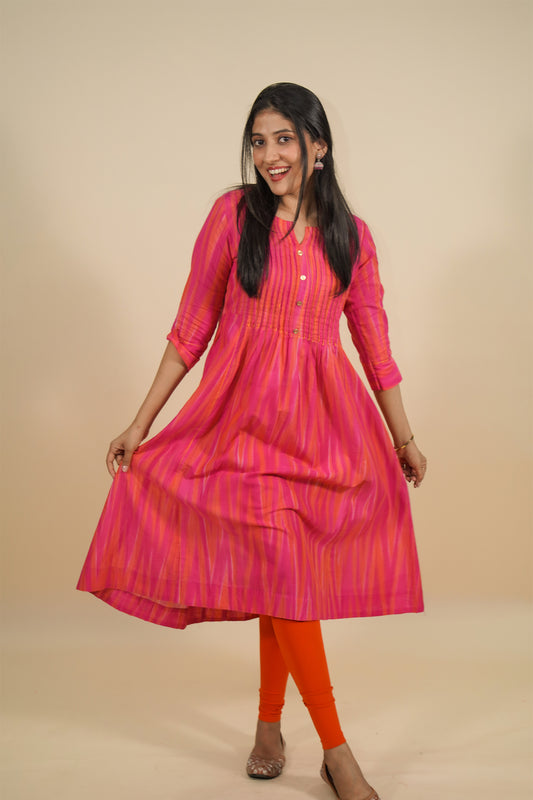 Fuschia pink woven cotton pleated long kurti