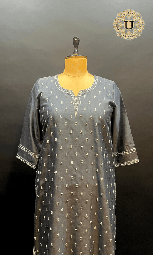 Steel gray spun Embroidered Long Kurti U fashion