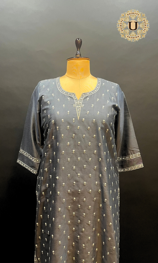 Steel grey spun Embroidered Long Kurti