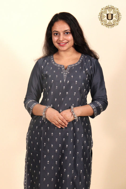 Gray Spun Blended Embroidered Long Kurti