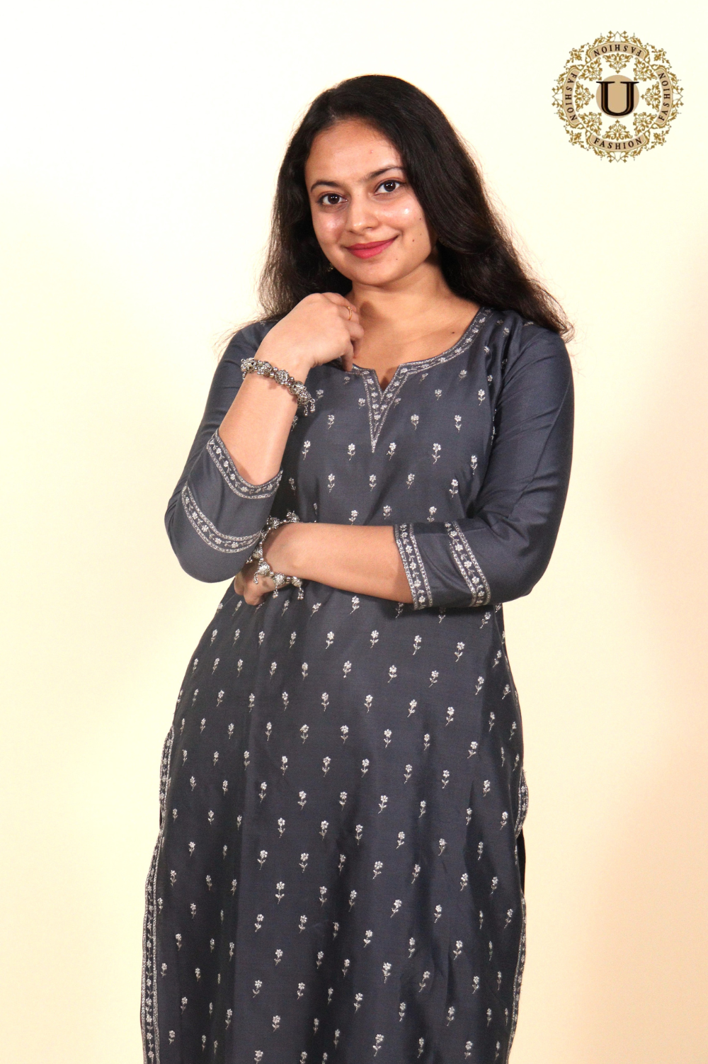 Gray Spun Blended Embroidered Long Kurti