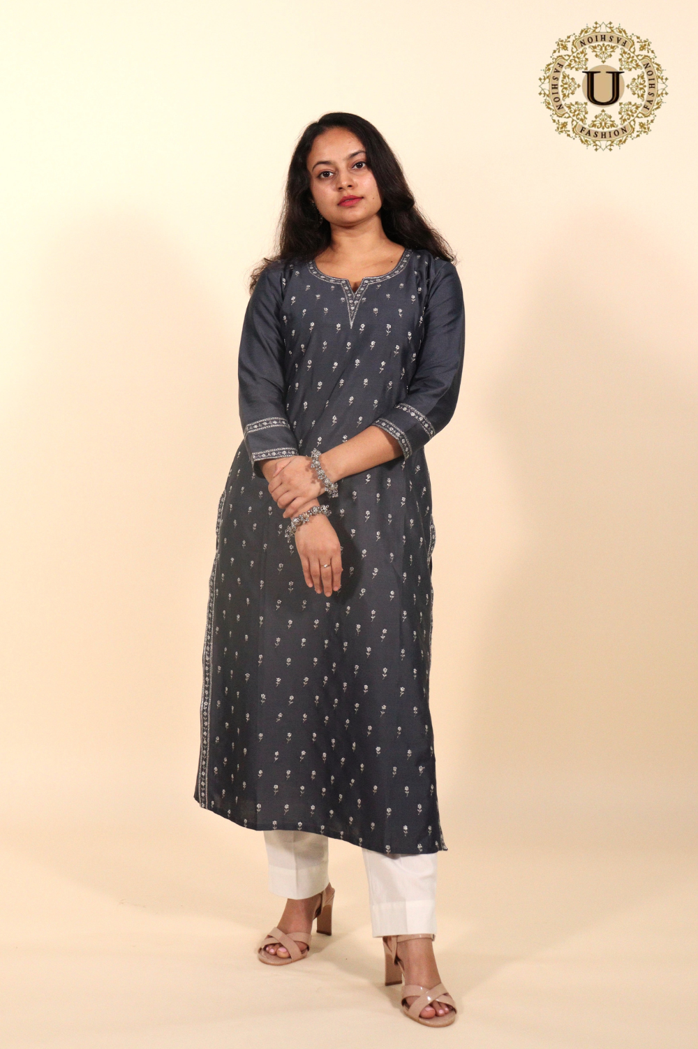 Gray Spun Blended Embroidered Long Kurti