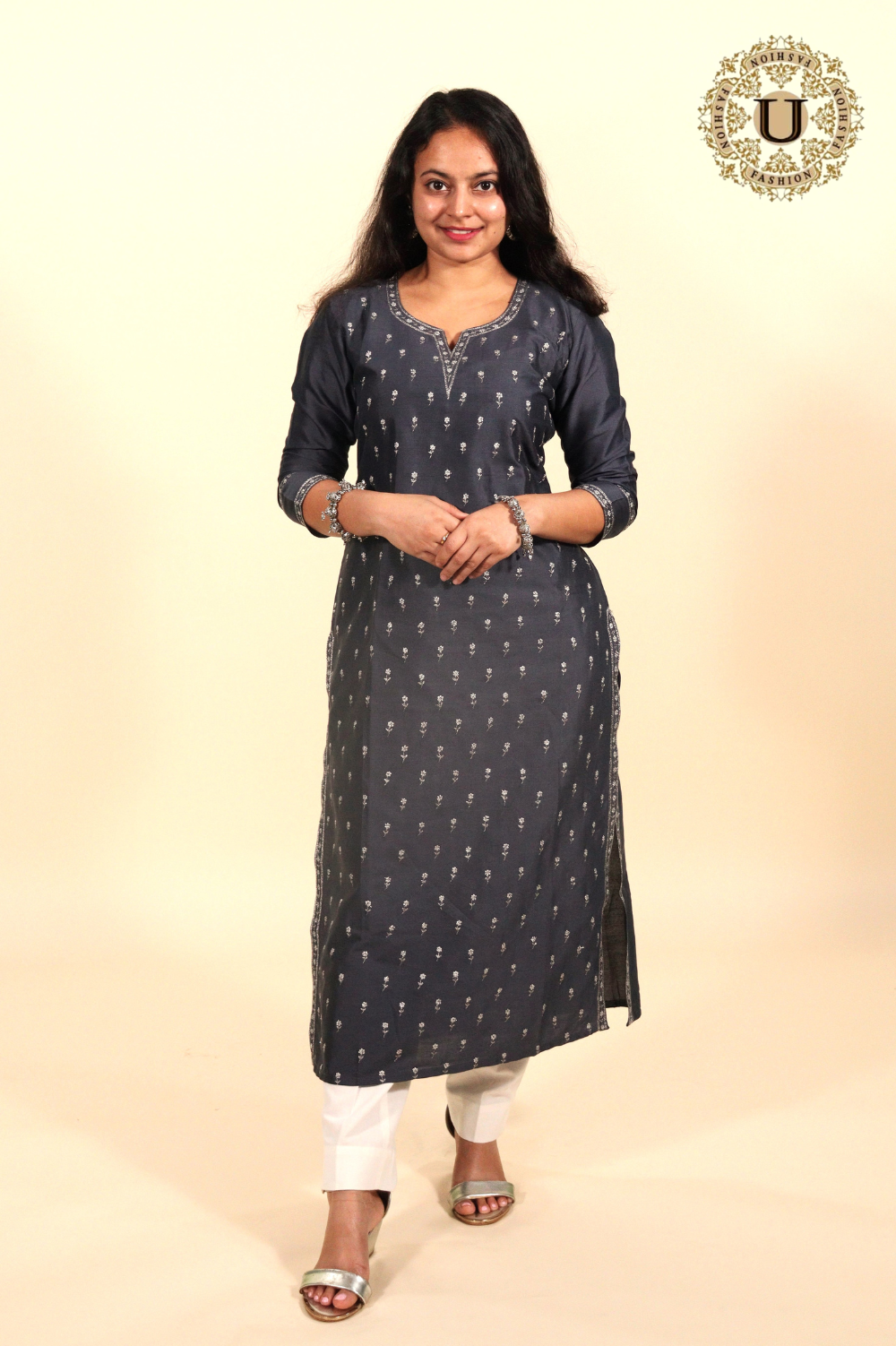 Gray Spun Blended Embroidered Long Kurti