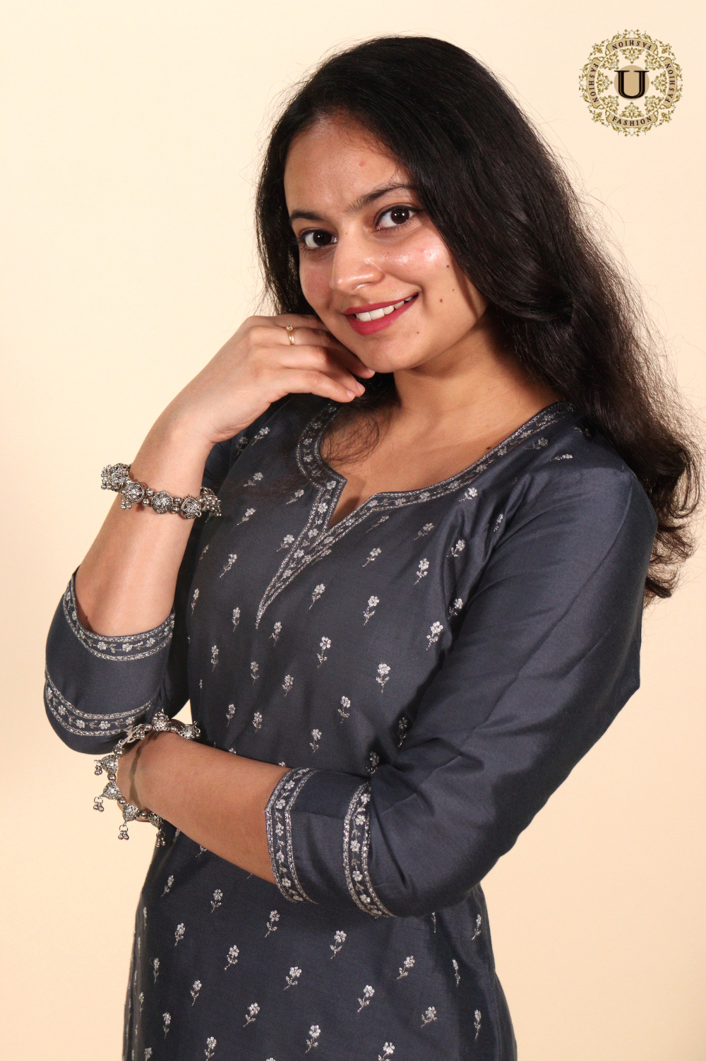 Gray Spun Blended Embroidered Long Kurti