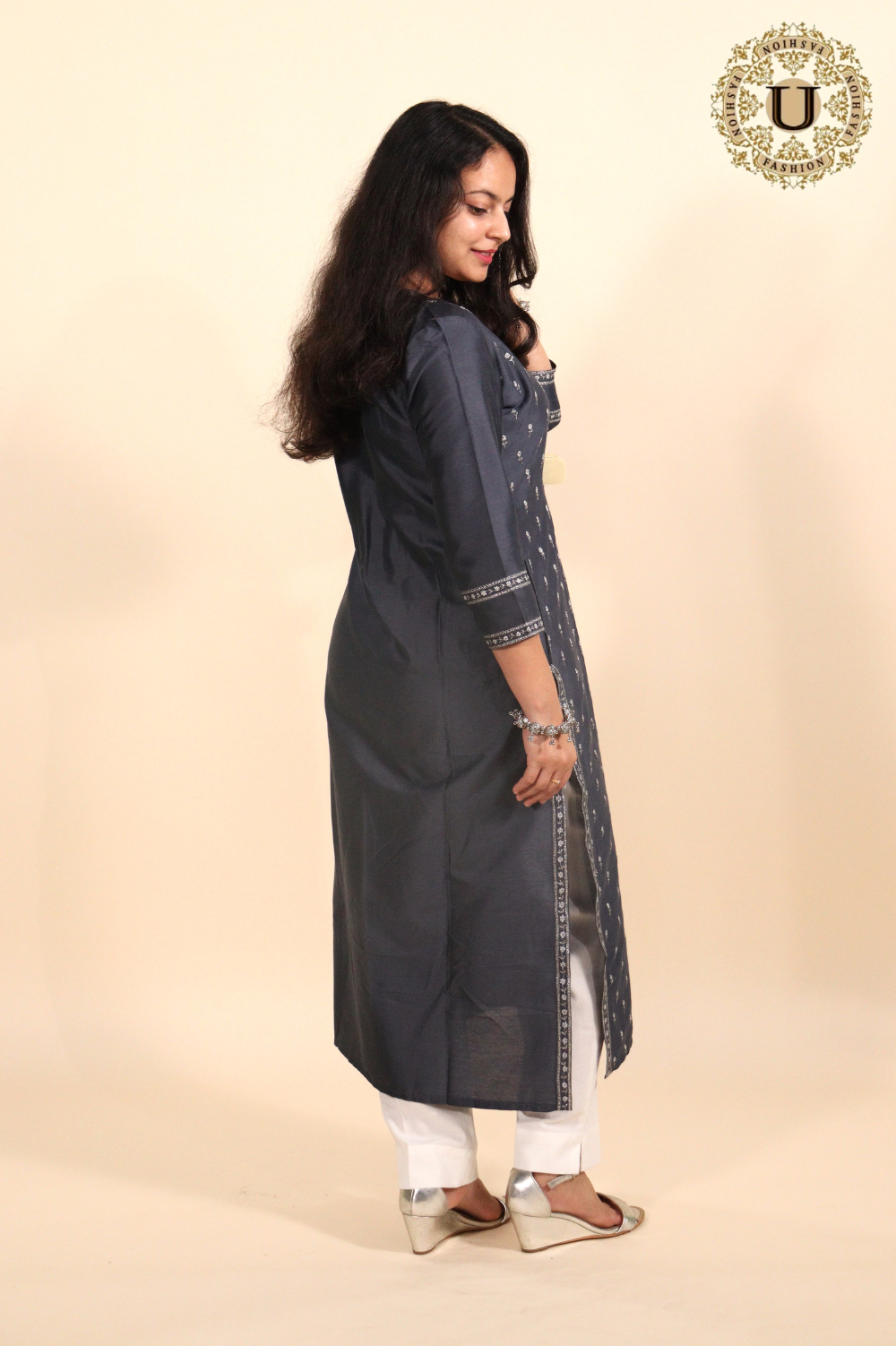 Gray Spun Blended Embroidered Long Kurti