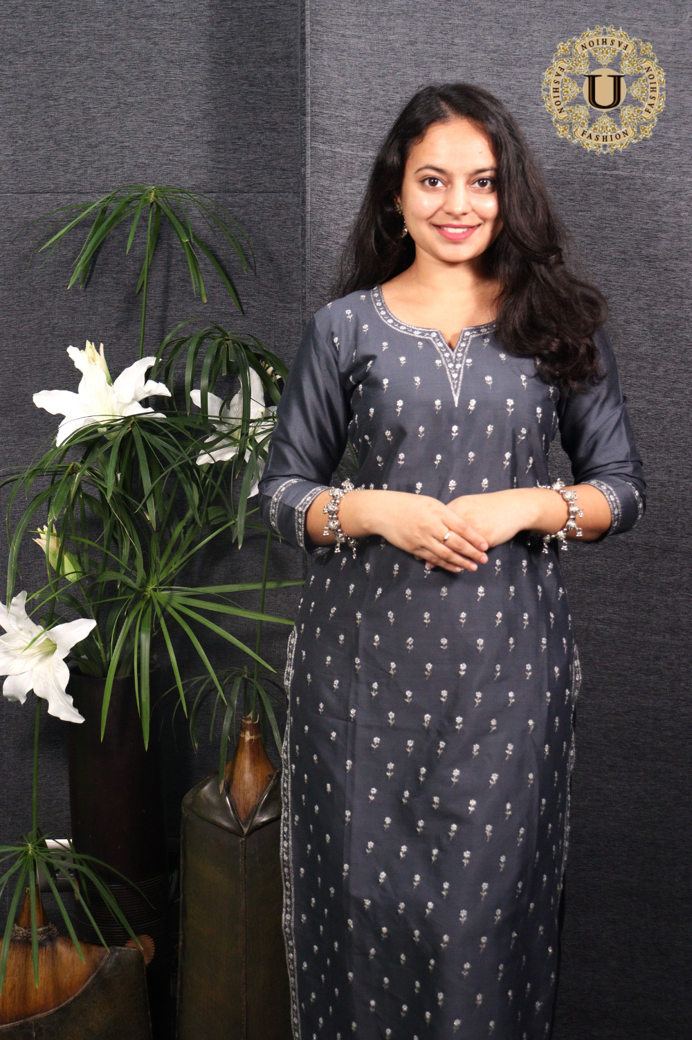 Gray Spun Blended Embroidered Long Kurti
