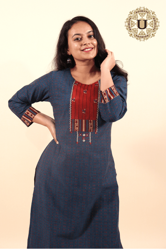 Blue Cotton Long kurti M U fashion