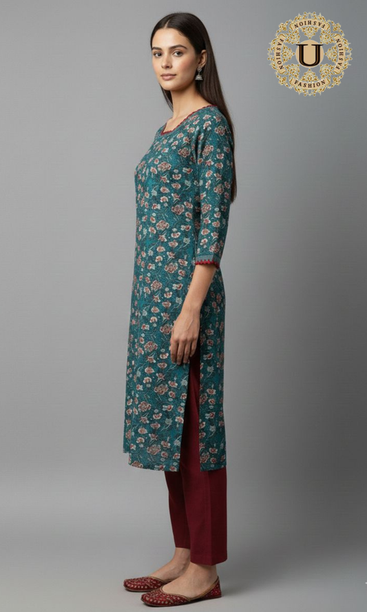 Teal green printed cotton kurti