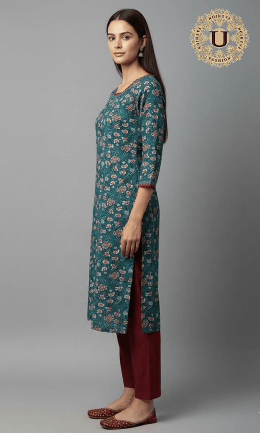 Green Cotton Flower Printed Long Kurti. S U fashion