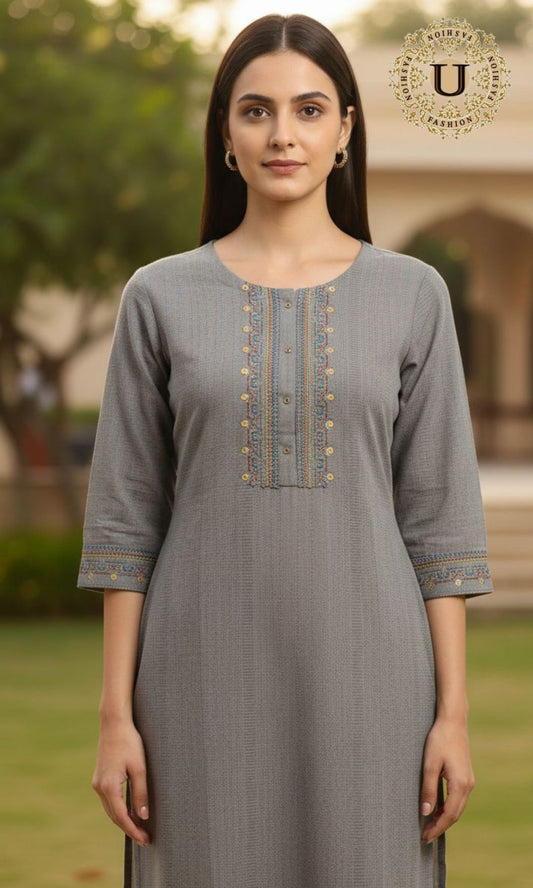 Grey Cotton Thread Work Long Kurti S U fashion