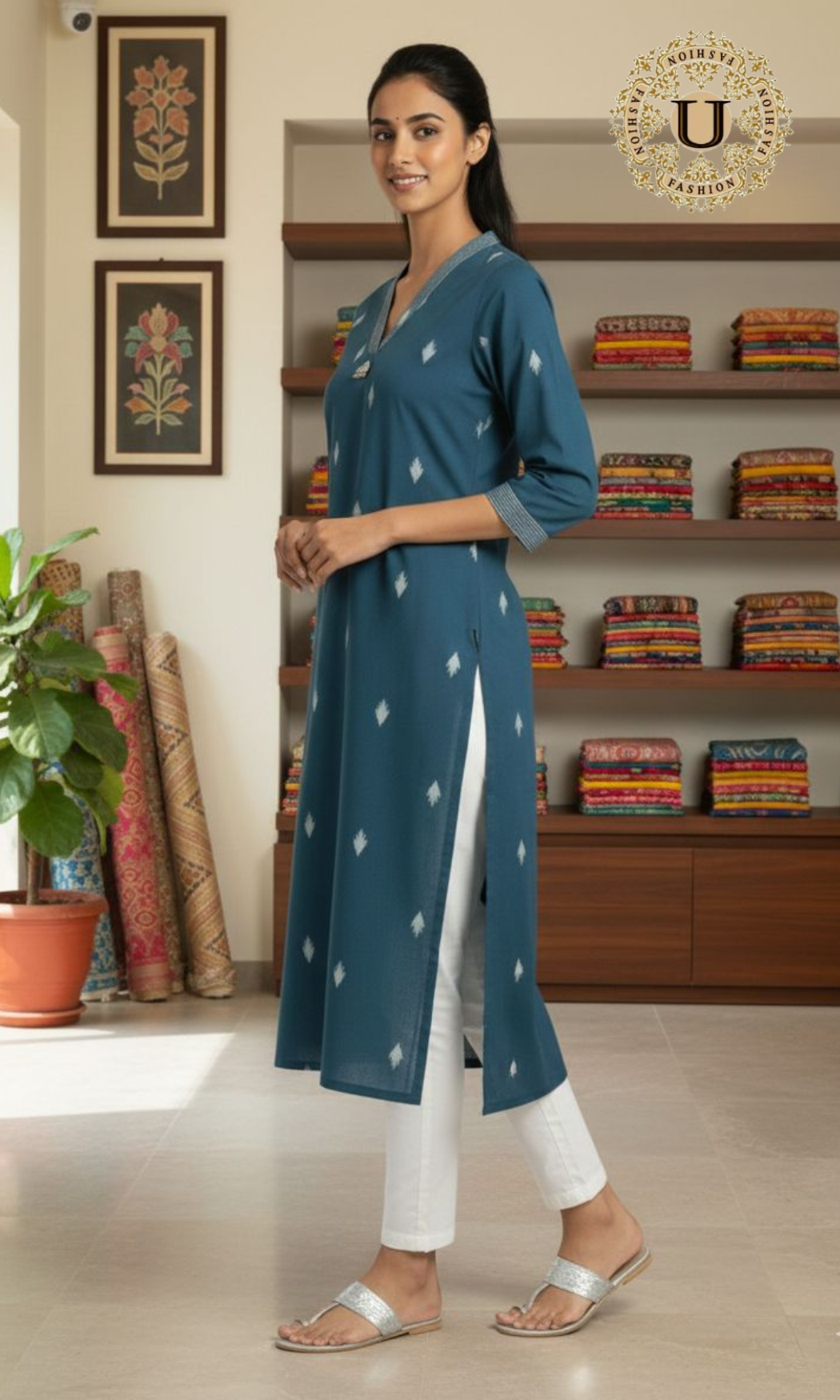 Teal Blue Cotton Printed Long Kurti