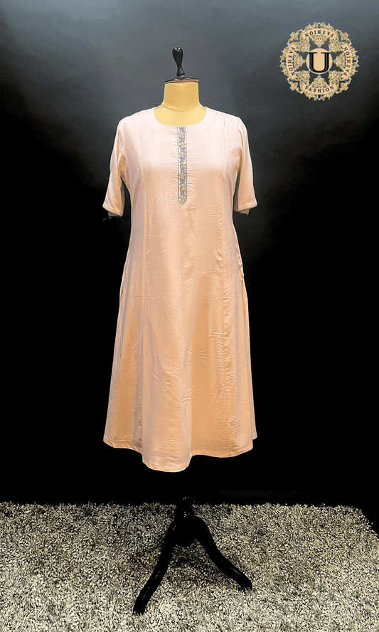 Soft Pink Hand Embroidered Long Kurti U fashion
