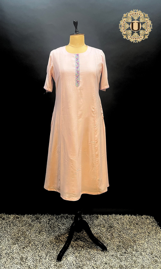 Soft Pink Hand Embroidered Long Kurti