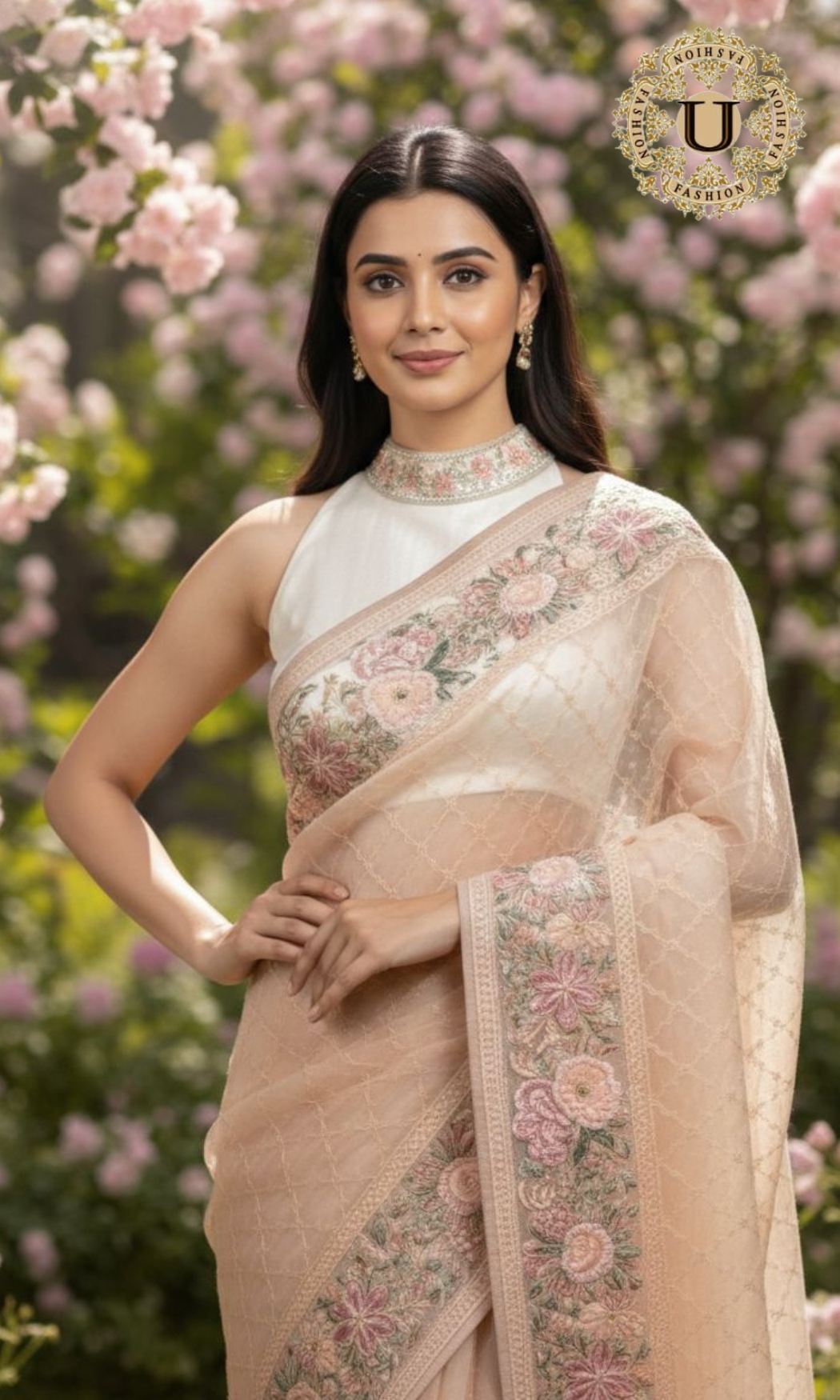 Light Peach Floral Orgenza Saree