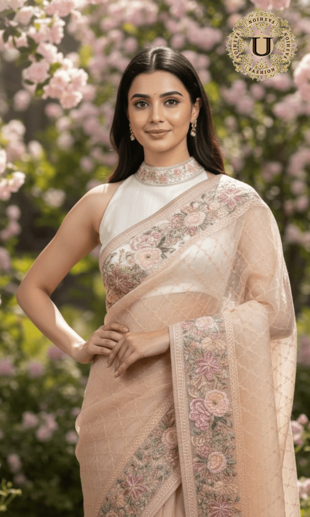Light Peach Floral Orgenza Saree U fashion
